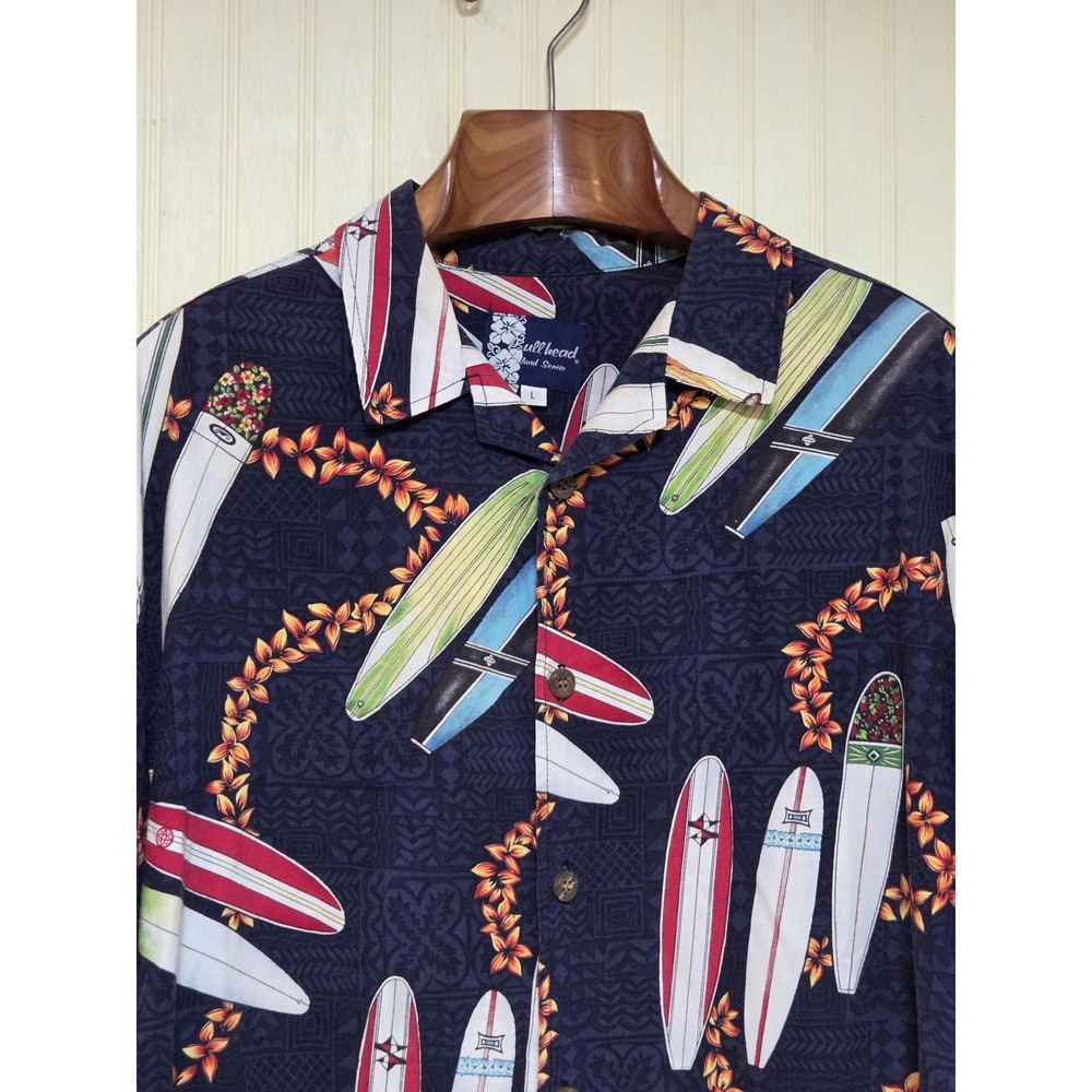 Bullhead Shirt Mens‎ Large Navy Surfboard Hawaiian Aloha Button Front Made USA
